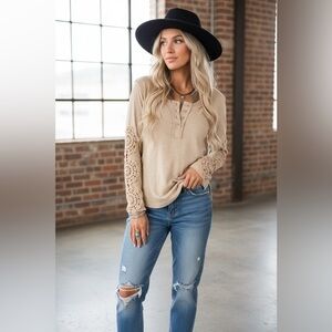 NWT Very J Crochet Cuff Sleeve Henley Top Shirt